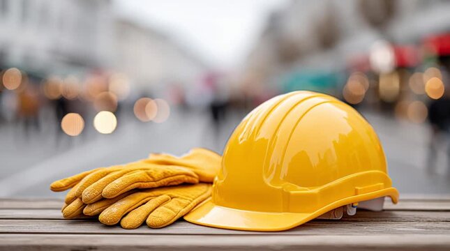 A hard hat and gloves on a wooden table