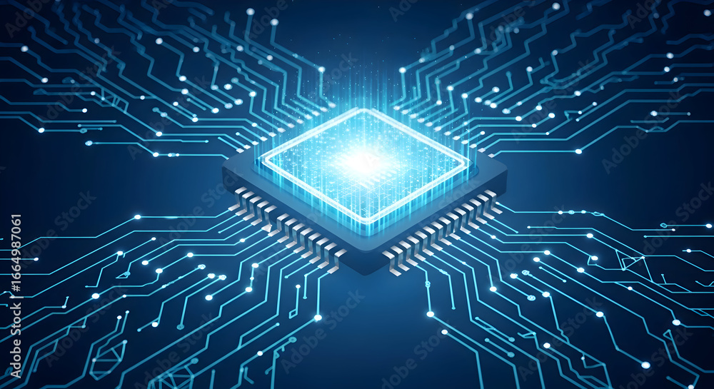 Aufkleber futuristic computer chip processor with glowing circuits and connections on a dark blue background