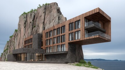 Fototapeta premium Modern hotel nestled against a rocky cliff overlooking a sea