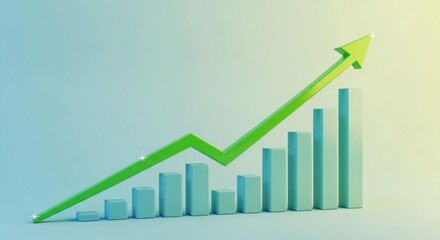 A 3D bar chart with a green arrow pointing upwards, symbolizing business growth, financial success, and positive trends.