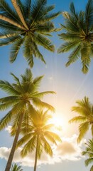Obraz premium Looking up at palm trees against a bright blue sky with the sun shining