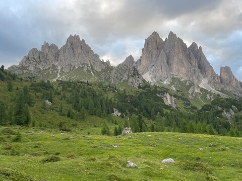 Panoramic View in the Dolomites near Cortina &ndash; Lush Green Pines in the Foreground and Iconic Jagged Mountain Peaks in the Background, Capturing the Majestic Alpine Landscape of Northern Italy