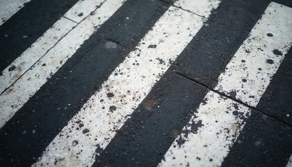 Close-up of urban pedestrian crossing with black, white striped road marking. Worn paint, textured asphalt surface create rhythmic pattern. Crosswalk design emphasizes road safety, urban