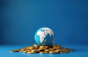 Global finance concept. Blue earth rests on stack of gold coins against plain blue backdrop. Worldwide business, economy, investment themes represented by globe, currency. Financial growth, success