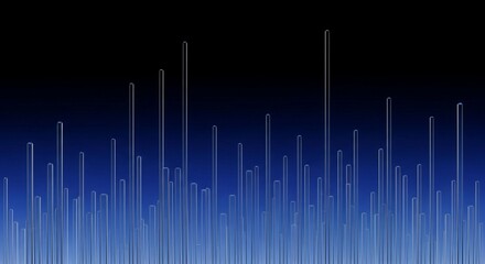 Abstract visualization of numerous translucent blue and white vertical bars rising against a dark blue gradient background, resembling a digital sound equalizer or futuristic cityscape.