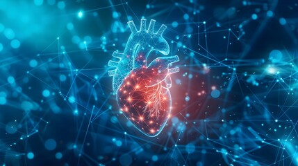 Glowing anatomical heart pulsing with digital energy against a network of interconnected light points