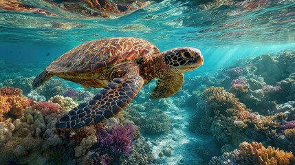Obraz premium Sea turtle in vibrant coral reef