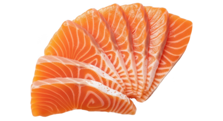 Sliced raw salmon fish pieces arranged in a fan shape seafood sashimi