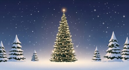 Festive Christmas Tree with Lights in Snowy Winter Landscape Under Starry Sky