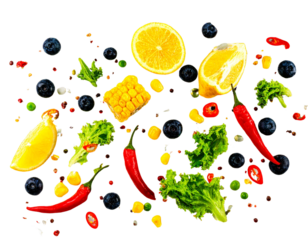 Scattered Colorful Fruits and Vegetables, Dynamic Composition, Transparent Background PNG