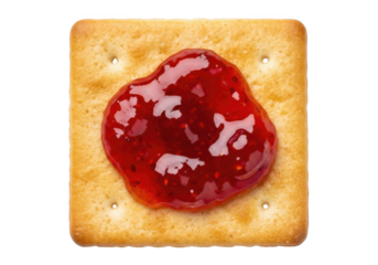 Square cracker with red jam topping isolated on background biscuit jelly