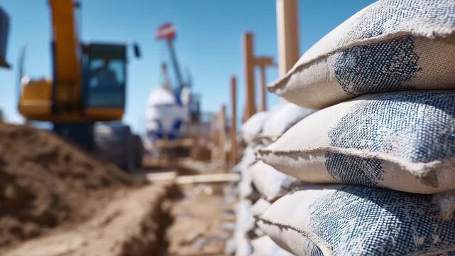 Close-up of gypsum plaster bags in a construction zone with a blurred mixer in the background.