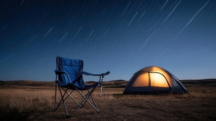 Night camping under starry sky with tent and chair in open field.