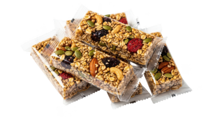 Stack of individually wrapped granola bars with nuts and dried fruit snack food