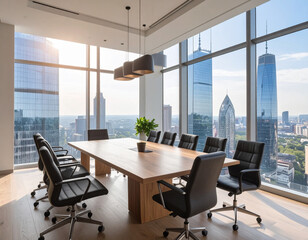 Professional workspace for meetings. Stylish boardroom with city views. Modern office meeting room with decor. High-rise view from modern boardroom. Spacious conference room with city lights