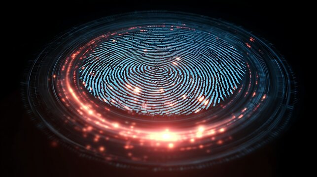 Digital fingerprint with glowing red and blue accents Modern technology meets biometric security for identity - Powered by Adobe