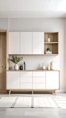 Fototapeta premium Minimalist entryway with light wood and white cabinetry
