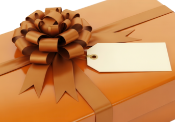 Orange gift box with ribbon bow and blank tag isolated PNG with Transparent Background