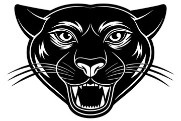 High-quality vector illustration of a fierce black panther head mascot logo. The aggressive roaring wild cat design features sharp fangs