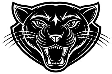 High-quality vector illustration of a fierce black panther head mascot logo. The aggressive roaring wild cat design features sharp fangs