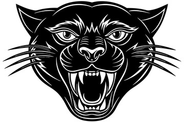 High-quality vector illustration of a fierce black panther head mascot logo. The aggressive roaring wild cat design features sharp fangs