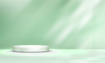 Background Pale Green Studio with shadow,light on wall interior,Green Podium Display Room with sunlight overlay on floor,Vector Minimal background for product presentation in Spring,Summer,Autumn 