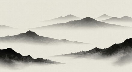 A serene and elegant background inspired by traditional East Asian ink wash painting. The minimalist landscape evokes a sense of peace, harmony, and timeless artistic tradition. 