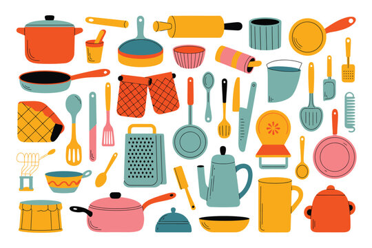 Colorful assortment of kitchen utensils and cookware