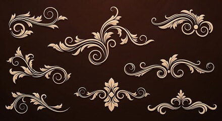 Fototapeta premium Collection of ornate vintage floral scroll ornaments on brown background image