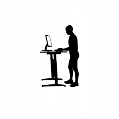 Programmer standing desk, typing on keyboard silhouette on white background