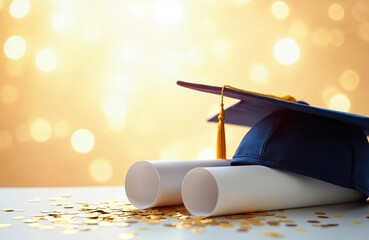 Blue graduation cap with gold tassel, surrounded by two white cords, one on top of the other. Yellow and orange gradient background. Copy space available.