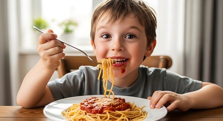A young boy sitting at a table eating spaghetti with a fork