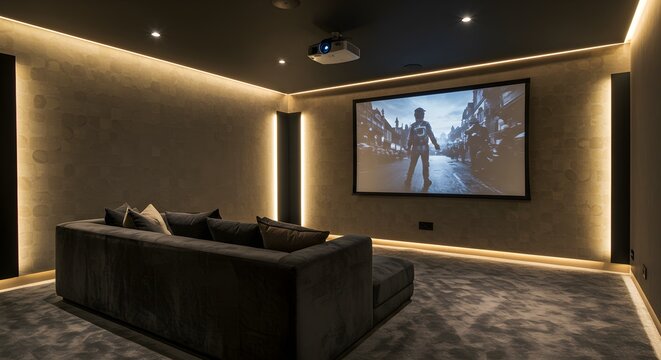Luxurious home cinema with plush sofa, projector, and ambient lighting creating perfect entertainment zone