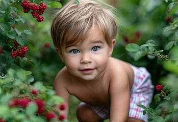 an adorable baby in shorts, playfully exploring the garden with curiosity and joy, surrounded by lush greenery and vibrant red berries