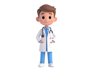 Fototapeta premium A friendly rendered cartoon doctor character stands confidently, ready to help patients with a warm smile.