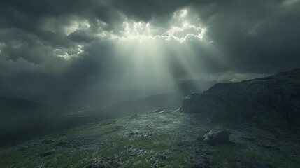 Naklejka premium Mountain landscape with dramatic sky and light beams photo