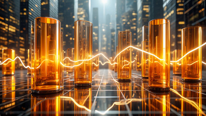 digital data with abstract glass cylinders against a blurred smart city skyline, technological growth, financial analytics, and global network connections.