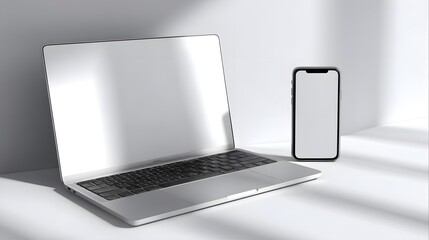 Modern Electronic Devices Mockup with Silver iPhone Lookalike on White Desk
