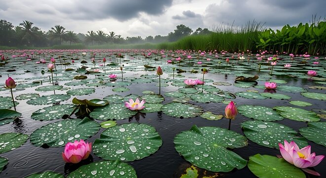Serene lily pond with pink water lilies and a dramatic cloudy sky.