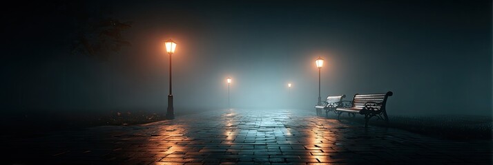Foggy night path with park benches lit by street lamps