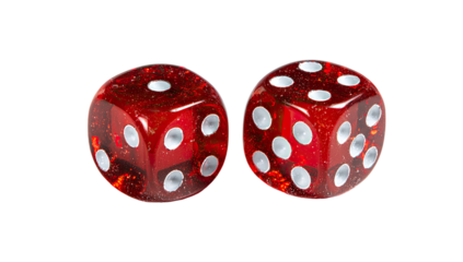Close-up of two red dice, glossy with white pips