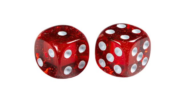 Close-up of two red dice, glossy with white pips