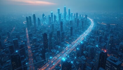 Futuristic smart city concept visualized with glowing digital network connections overlaying blue metropolis skyline. Interconnected urban infrastructure data transfer, modern technology. Aerial view