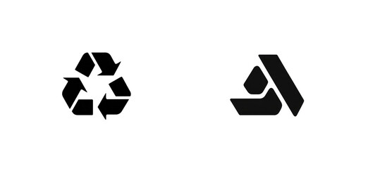 Two abstract symbols on a black background.  One symbol is a stylized recycling logo, the other a stylized, angular letter or logo