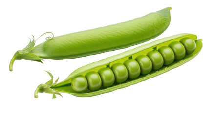 Two bright green pea pods one open revealing round peas vegetable image
