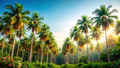 Obraz premium Sunlight streams through a vibrant grove of tall coconut palms, bathed in the warm glow of sunrise.