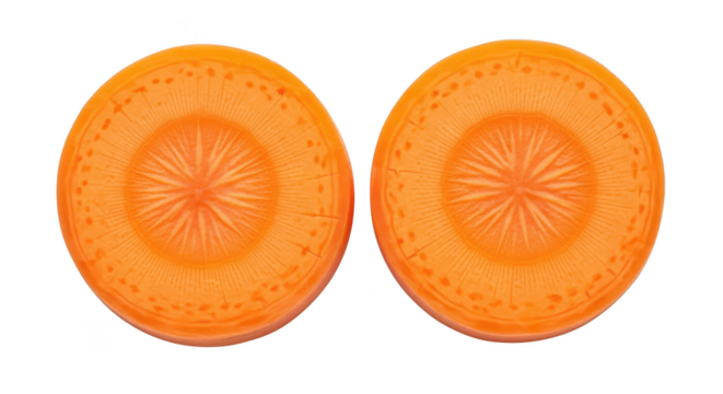 Two bright orange carrot slices showing inner star pattern on background food vegetable