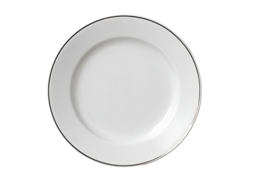 Round white dinner plate with a thin silver rim