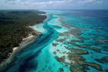 Aerial view of tropical island coastline, turquoise ocean, coral reefs, lush vegetation, sunny sky; tourism brochure