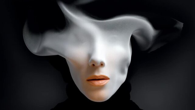 Ethereal woman with flowing fabric obscuring her face, creating a dreamlike atmosphere, as the soft textures blend seamlessly with shadows, capturing the essence of transformation and mystery in motio